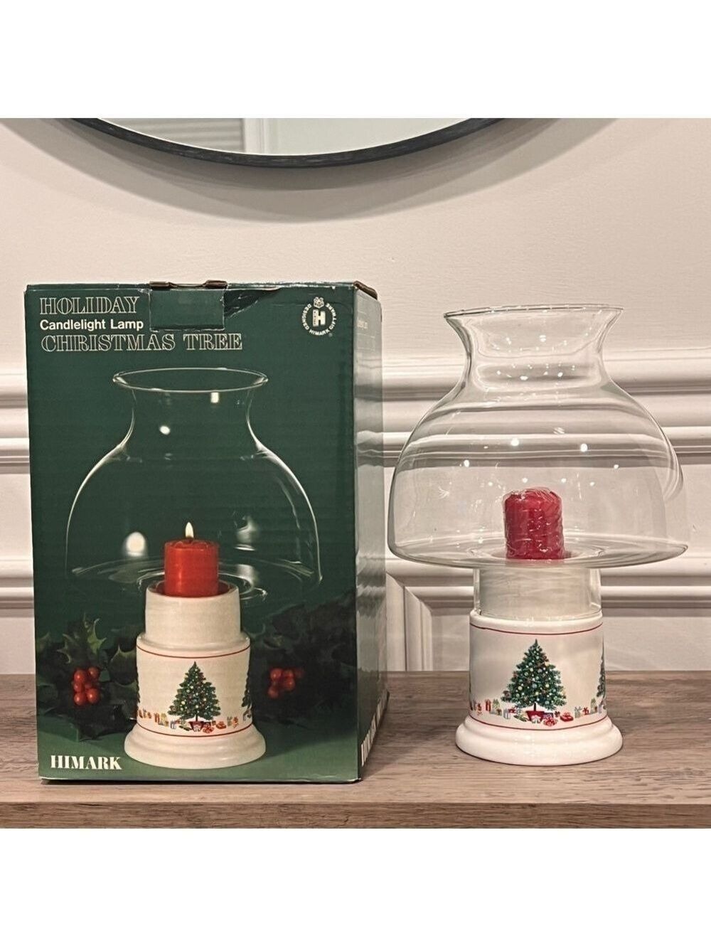Himark Christmas Holly Hurricane Lamp Candle Tea Light Holder Ceramic Base Japan